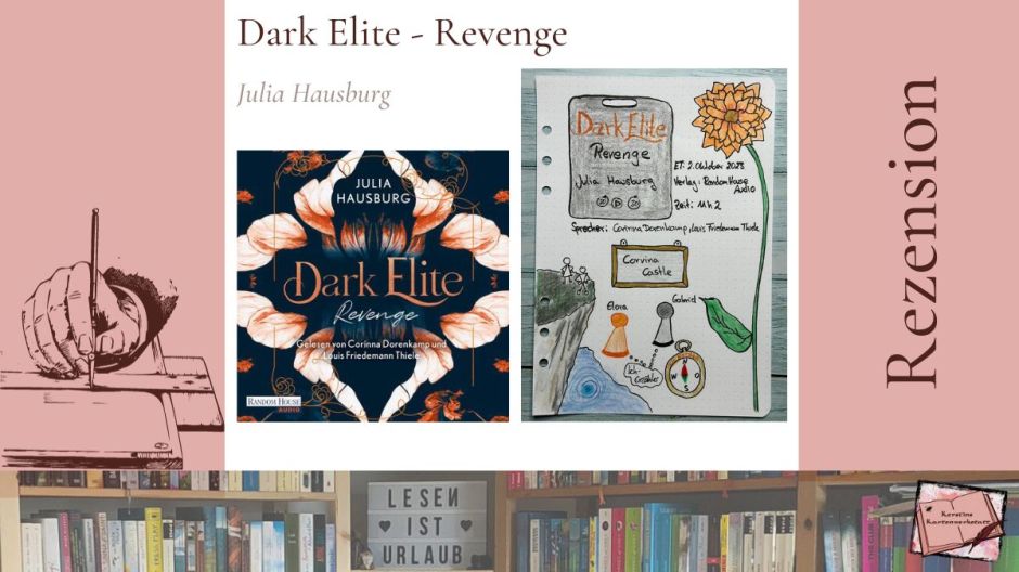 Beitragsbild mit Cover und Sketchnotes von Kerstins Kartenwerkstatt zur Rezension vom Hörbuch: Dark Elite Revenge von Julia Hausburg erschienen bei Random House Audio und eingelesen von Corinna Dorenkamo und Louis Friedemann Thiele