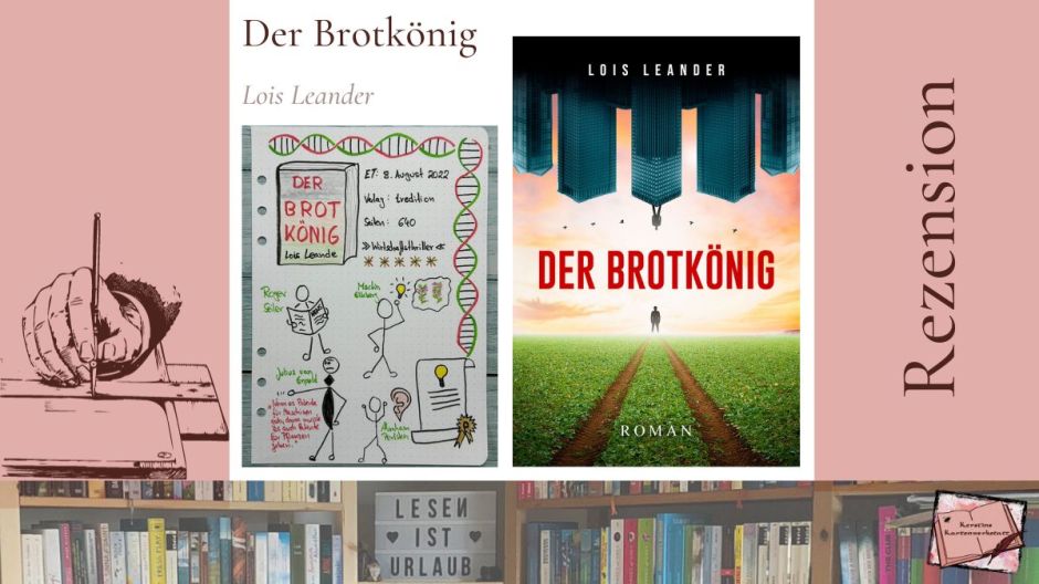 Beitragsbild mit Cover und Sketchnotes von Kerstins Kartenwerkstatt zur Rezension vom Wirtschaftsthriller: Der Brotkönig von Lois Leander erschienen im tredition Verlag