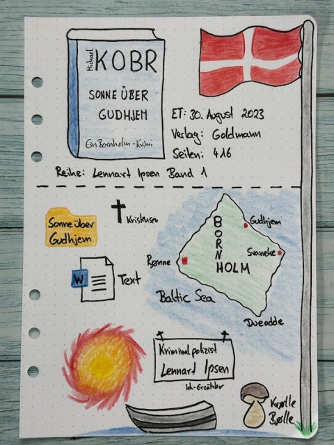 Sketchnotes von Kerstins Kartenwerkstatt zur Rezension vom Krimi: Sonne über Gudhjem von Michael Kobr Ein Bornhol- Krimi aus dem Goldmann Verlag
