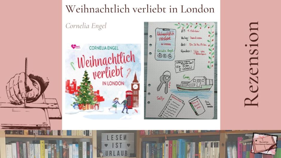 Beitragsbild mit Cover und Sketchnotes zur Rezension vom Liebesroman: Weihnachtlich verliebt in London von Cornelia Engel erschienen im Heartroom Verlag, eingelesen von Julia von Tettenborn
