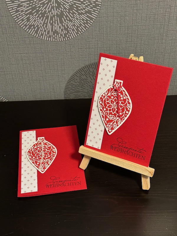 Weihnachtskarte in Glutrot mit Zapfen gebastelt von Kerstins Kartenwerkstatt mit Material von Stampin Up