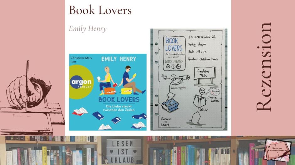 Beitragsbild mit Cover und Sketchnotes zur Rezension vom Hörbuch: Book Lovers - Die Liebe steckt zwischen den Zeilen von Emily Henry erschien im Argon Verlag und wurde von Christiane Marx eingelesen.