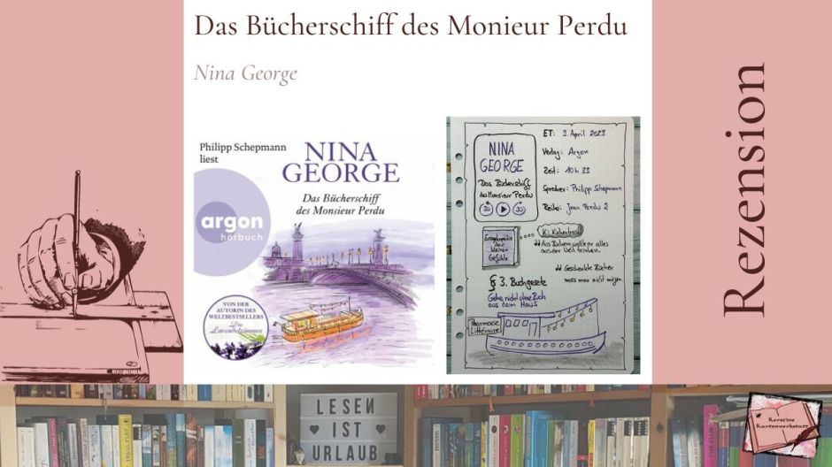 Beitragsbild mit Cover und Sketchnotes von Kerstins Kartenwerkstatt zur Rezension vom Hörbuch: Das Bücherschiff des Monsieur Perdu von Nina George aus dem Argon Verlag, gelesen von Philipp Schepmann
