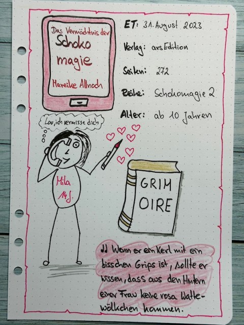 Sketchnotes zur Rezension vom Kinder- und Jugendbuch: Das Vermächtnis der Schokomagie von Mareike Allnoch aus dem Arsedition Verlag