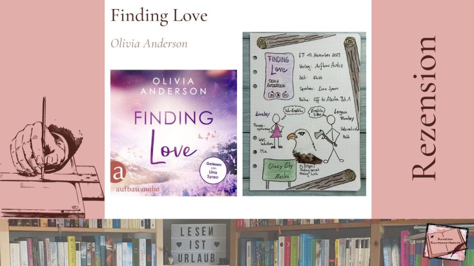 Beitragsbild mit Cover und Sketchnotes von Kerstins Kartenwerkstatt zur Rezension vom Liebesroman: Finding Love von Olivia Anderson. Das Hörbuch erschien bei Aufbau Audio und wurde von Lina Syren eingelesen.