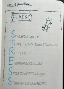 Auszug aus meinem Notizbuch beim Journaling Barcamp 2023 in Hamburg zur Session Stressbewältigung