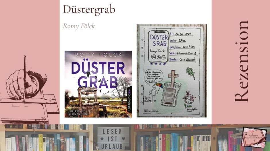 Beitragsbild mit Cover und Sketchnotes zur Rezension vom Kriminalroman: Düstergrab von Romy Fölck erschienen im Lübbe Verlag. Das Hörbuch wurde eingelesen von Chris Nonnast