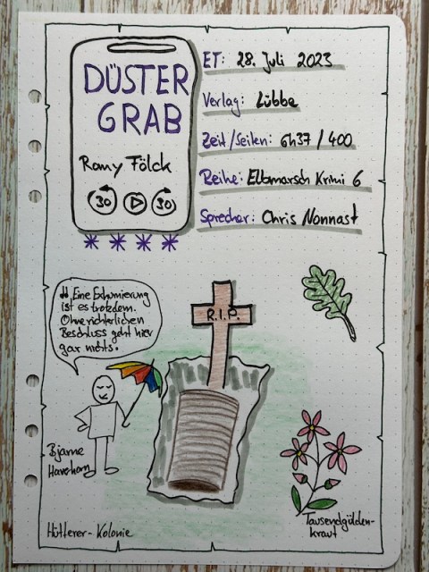 Sketchnotes zur Rezension vom Kriminalroman: Düstergrab von Romy Fölck erschienen im Lübbe Verlag. Das Hörbuch wurde eingelesen von Chris Nonnast