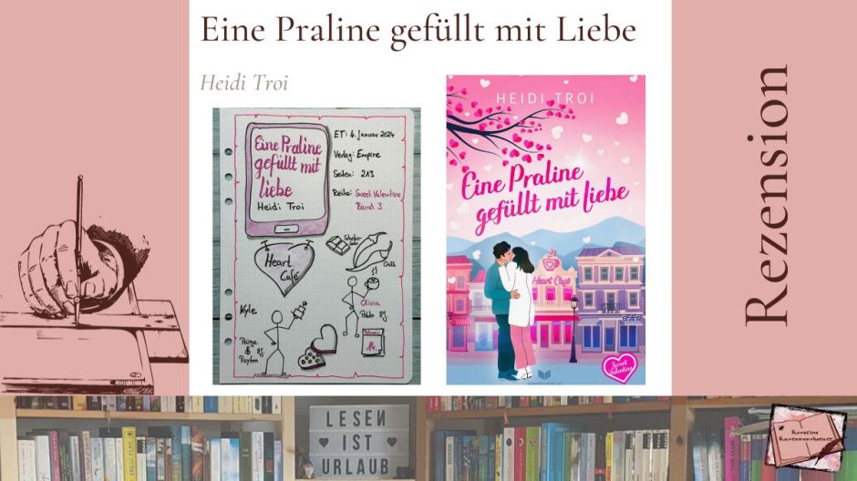 Beitragsbild mit Cover und Sketchnotes zur Rezension vom Liebesroman: Eine Praline gefüllt mit Liebe von Heidi Troi erschien im Empire Verlag. Es ist der 3. Band der Sweet Valentine Reihe