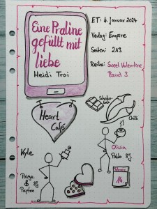 Sketchnotes zur Rezension vom Liebesroman: Eine Praline gefüllt mit Liebe von Heidi Troi erschien im Empire Verlag. Es ist der 3. Band der Sweet Valentine Reihe