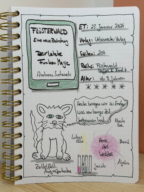 Lesetagebuch mit Sketchnotes zum Kinderbuch: Flüsterwald - Eine neue Bedrohung- Der letzte Funken Magie von Andreas Suchanek erschienen im Ueberreuter Verlag