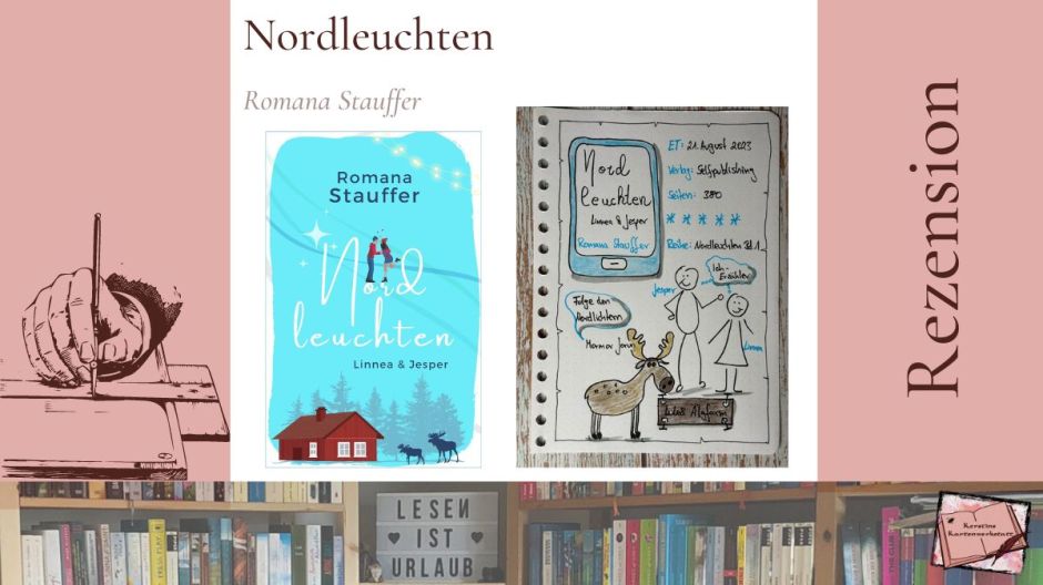 Beitragsbild mit Cover und Sketchnotes zur Rezension vom Liebesroman: Nordleuchten Linnea und Jesper von Romana Stauffer