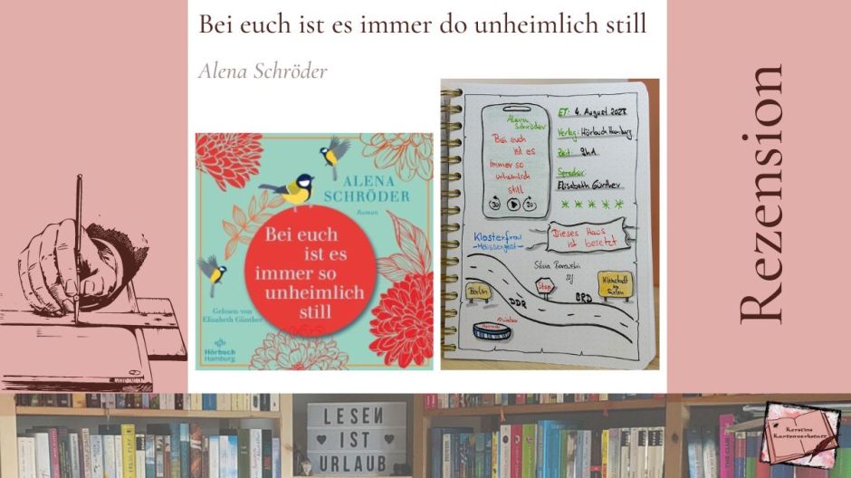 Beitragsbild mit Cover und Sketchnotes zur Rezension vom Hörbuch: Bei euch ist es immer so unheimlich still von Alena Schröder erschienen bei Hörbuch Hamburg und gesprochen von Elisabeth Günther