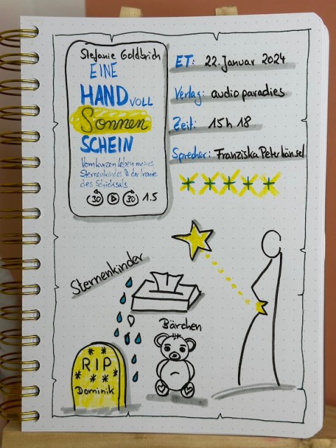 Lesetagebuch mit Sketchnotes zur Rezension vom autobiografischen Roman: Eine Handvoll Sonnenschein - Vom kurzen Leben meines Sternenkindes & der Ironie des Schicksals von Stefanie Goldbrich. Das Hörbuch erschien im audioparadies und wurde von Franziska Peterhänsel eingesprochen