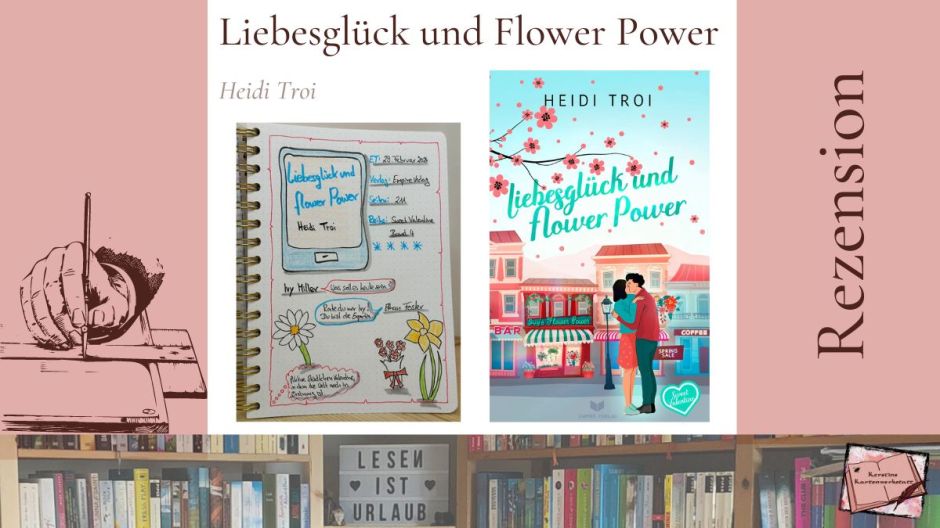 Beitragsbild mit Cover und Sketchnotes zur Rezension vom Liebesroman: Liebesglück und Flower Power von Heidi Troi erschienen im Empire Verlag