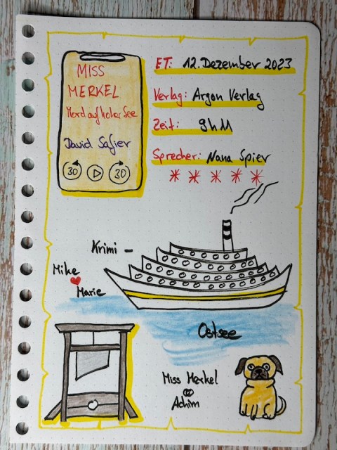 Sketchnotes zur Rezension vom Hörbuch: Miss Merkel Mord auf hoher See von David Safier erschien im Argon Verlag. Das Hörbuch wurde eingelesen von Nana Spier