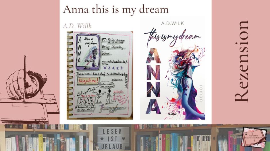Beitragsbild mit Cover und Sketchnotes im Lesetagebuch zur Rezension vom Roman: Anna this is my dream von A.D. Wilk