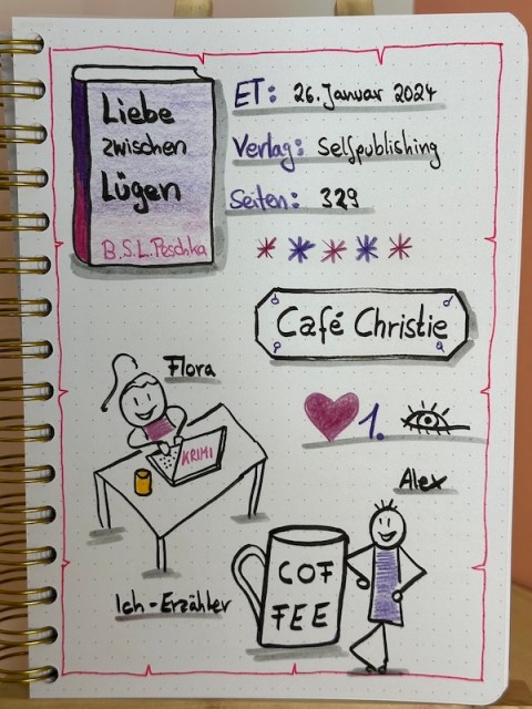 Lesetagebuch mit Sketchnotes zur Rezension vom Liebesroman: Liebe zwischen Lügen von BSL Peschka