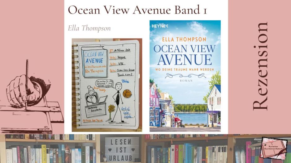 Beitragsbild mit Cover Sketchnotes im Lesetagebuch zur Rezension vom Liebesroman: Ocean View Avenue – Wo deine Träume wahr werden von Ella Thompson erschienen im Heyne Verlag