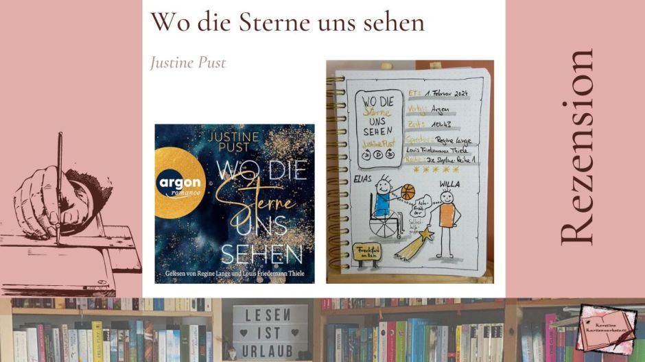 Beitragsbild mit Cover und Sketchnotes im Lesetagebuch zur Rezension vom New Adult Hörbuch: Wo die Sterne uns sehen von Justine Pust erschienen im Argon Verlag. Eingesprochen von Regine Lange und Louis Friedemann Thiele