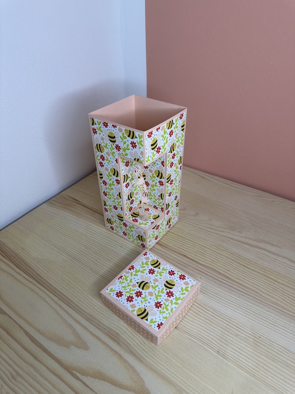 Große Box mit kleiner Einbuchtung, in der eine Ranke hängt, oder die Platz bietet für ein kleines Reagenzglas. Box mit Einsatz von Angelika