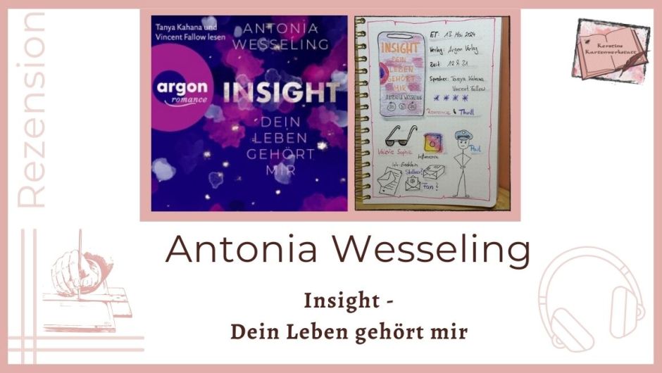 Beitragsbild mit Cover und Lesetagebuch mit Sketchnotes zur Rezension vom Hörbuch: Insight - Dein Leben gehört mir von Antonia Wesseling erschienen im Argon Verlag. Das Hörbuch wurde von Tanya Kahana und Vincent Fallow eingelesen