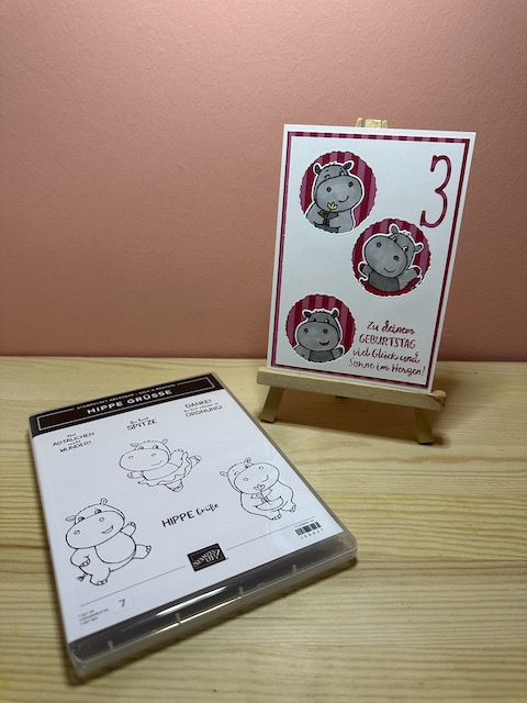Geburtstagskarte zum 3. Geburtstag für ein Mädchen gebastelt mit dem Stempeln und Stanzen aus dem Set Hippo Grüsse von Stampin Up