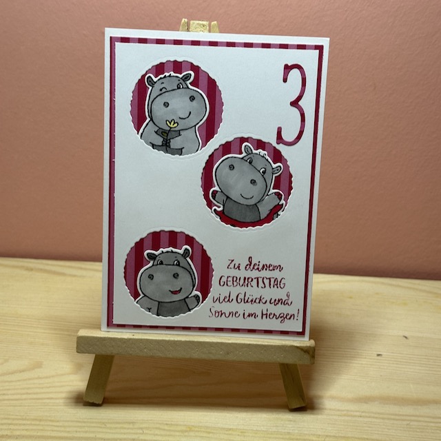 Geburtstagskarte zum 3. Geburtstag für ein Mädchen gebastelt mit dem Stempeln und Stanzen aus dem Set Hippo Grüsse von Stampin Up