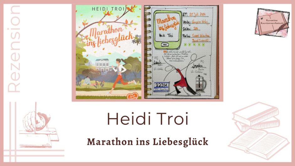 Beitragsbild mit Cover und Lesetagebuch mit Sketchnotes zur Rezension vom Liebesroman: Marathon ins Liebesglück von Heidi Troi erschienen im Empire Verlag. Band 9 der Reihe Sweet Valentine