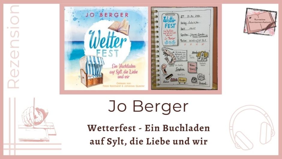 Beitragsbild mit Cover und Lesetagebuch mit Sketchnotes zur Rezension vom Hörbuch: Wetterfest - Ein Buchladen auf Sylt, die Liebe und wir von Jo Berger. Das Hörbuch erschien im audio4you Verlag und wurde von Fanni Reinhardt und Johannes Quester eingelesen.