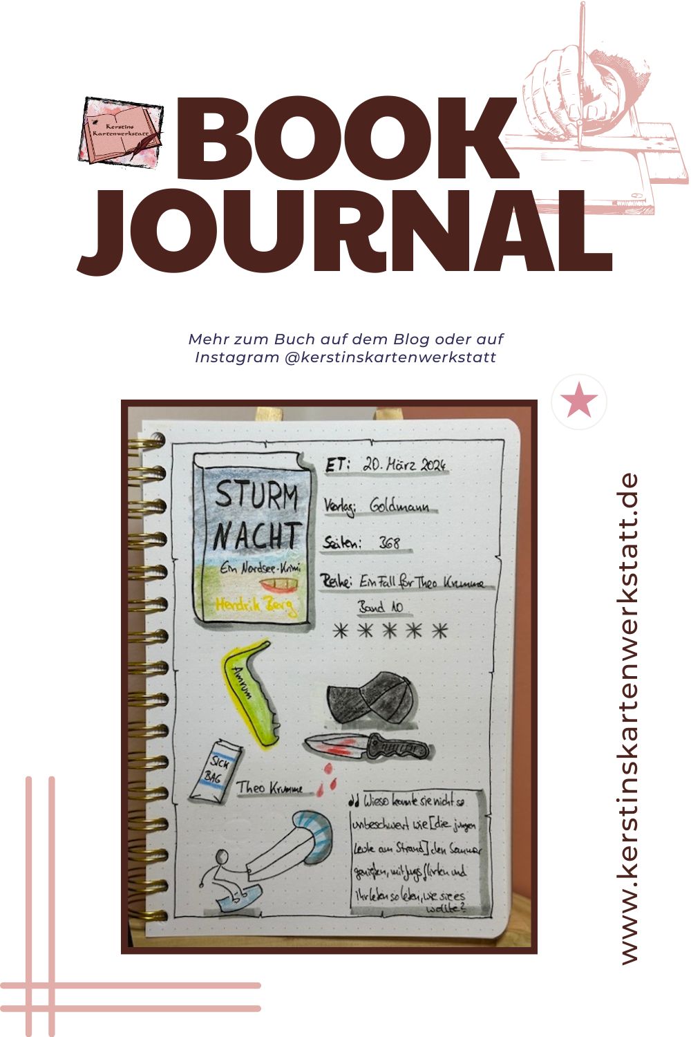 Zu sehen ist eine Seite aus dem Lesetagebuch mit Sketchnotes zur Rezension vom Kriminalroman: Sturmnacht von Hendrik Berg erschienen im Goldmann Verlag