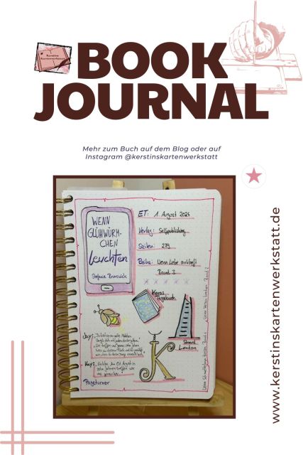 Zu sehen ist eine Seite vom Lesetagebuch zum Liebesroman: Wenn Glühwürmchen leuchten von Stefanie Brunswick, Selfpublishing Man kann ein geschwungenes K, ein Glühwürmchen und ein blaues Buch als Zeichung erkennen.