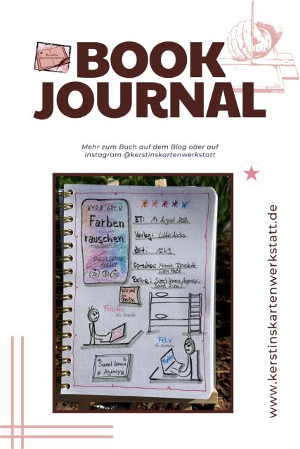 Lesetagebuch mit Sketchnotes zum Liebesroman: Farbenrauschen von Kyra Groh erschienen bei Lübbe Audio. Das Hörbuch wird gelesen von Marue Bierstedt und Sven Macht. Zu sehen: Sind zwei Strichmännchen am Schreibtisch mit Laptop und ein gezeichnetes Etagenbett.