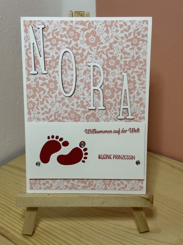 Zu sehen ist eine Babykarte mit dem Spruch: Willkommen auf der Welt kleine Prinzessin. Auf einem roas Hintergrund mit weißen Blümchen ist in Großbuchstaben der Name Nora zulesen. Darunter ist ein paar Babyfüsse ausgestanzt.