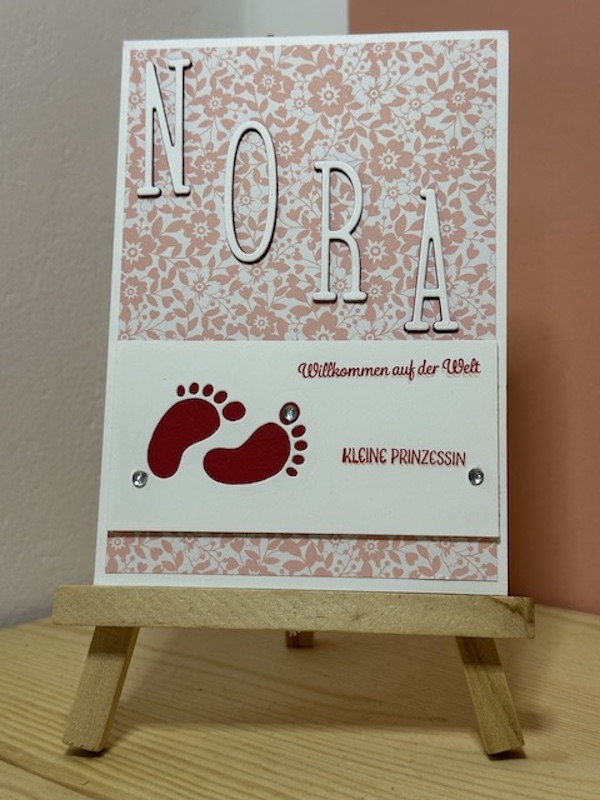 Zu sehen ist eine Babykarte mit dem Spruch: Willkommen auf der Welt kleine Prinzessin. Auf einem roas Hintergrund mit weißen Blümchen ist in Großbuchstaben der Name Nora zulesen. Darunter ist ein paar Babyfüsse ausgestanzt.