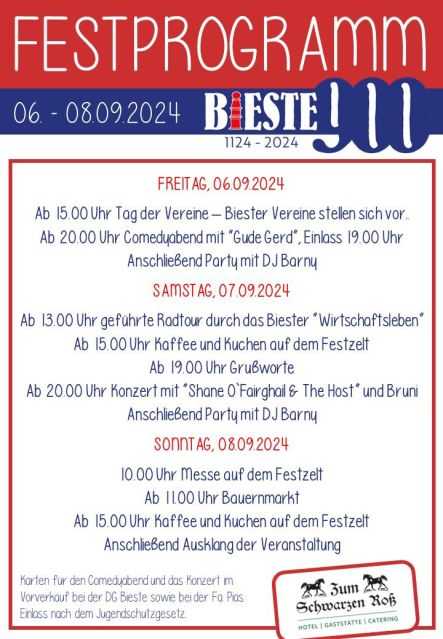 Plakat vomFestprogramm für die 900 Jahr Feier der Gemeinde Bieste. Unter anderem steht dort für den 08.09.2024 ab 11 Uhr der Bauernmarkt auf dem Programm