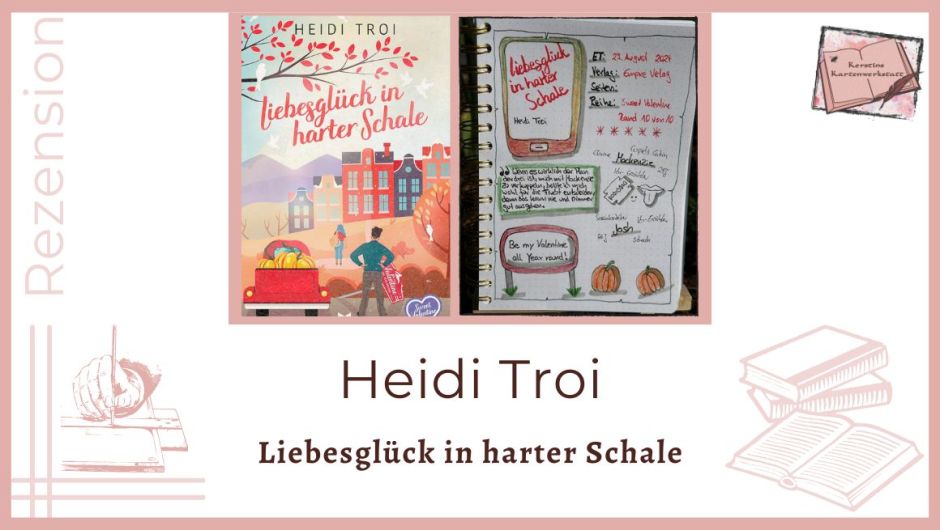 Buchcover und Lesetagebuch mit Sketchnotes (unter anderem sind zu sehen zwei Kürbisse, eine Rasierklinge und ein Schild von Valentine)zum Liebesroman: Liebesglück in Harter Schale von Heidi Troi erschienen im Empire Verlag. Es ist der 10. Band der Sweet Valentine Reihe