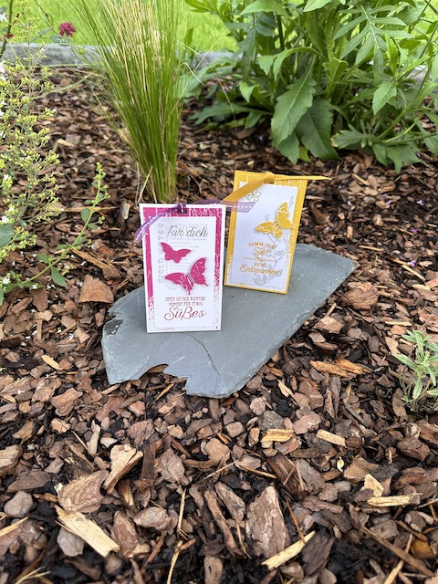 Auf dem Foto sieht man zwei kleine Verpackungen. Von der Größe passen vier Teebeutel und ein PickUp Schokokeks hinein. Außen sind Schmetterlinge aufgeklebt und oben ist die Verpackung mit einem Band verschlossen.