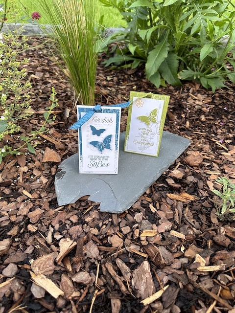 Auf dem Foto sieht man zwei kleine Verpackungen. Von der Größe passen vier Teebeutel und ein PickUp Schokokeks hinein. Außen sind Schmetterlinge aufgeklebt und oben ist die Verpackung mit einem Band verschlossen.