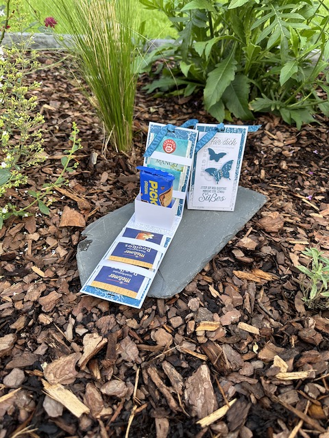 Auf dem Foto sieht man zwei kleine Verpackungen. Von der Größe passen vier Teebeutel und ein PickUp Schokokeks hinein. Außen sind Schmetterlinge aufgeklebt und oben ist die Verpackung mit einem Band verschlossen.