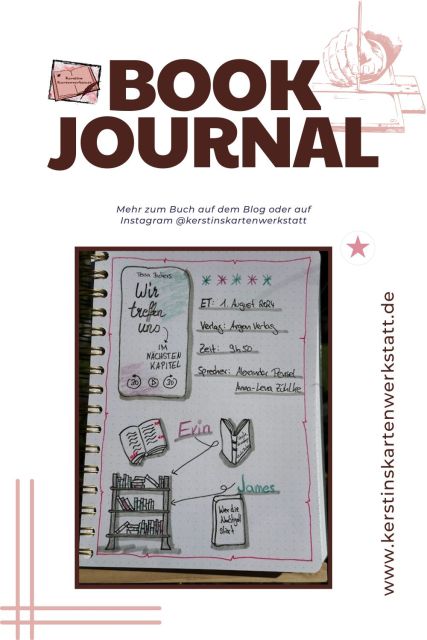 Bild von meinem Lesetagebuch mit Sketchnotes zum Hörbuch: Wir treffen uns im nächs ten Kapitel von Tessa Bickers erschienen im Argon Verlag. Eingelesen von Anna-Lena Zühlke und Alexander Pensel. Zu sehen ist unter anderem ein gezeichnetes Bücherregal mit ganz vielen Büchern darin und zwei aufgeschlagenen Bücher.