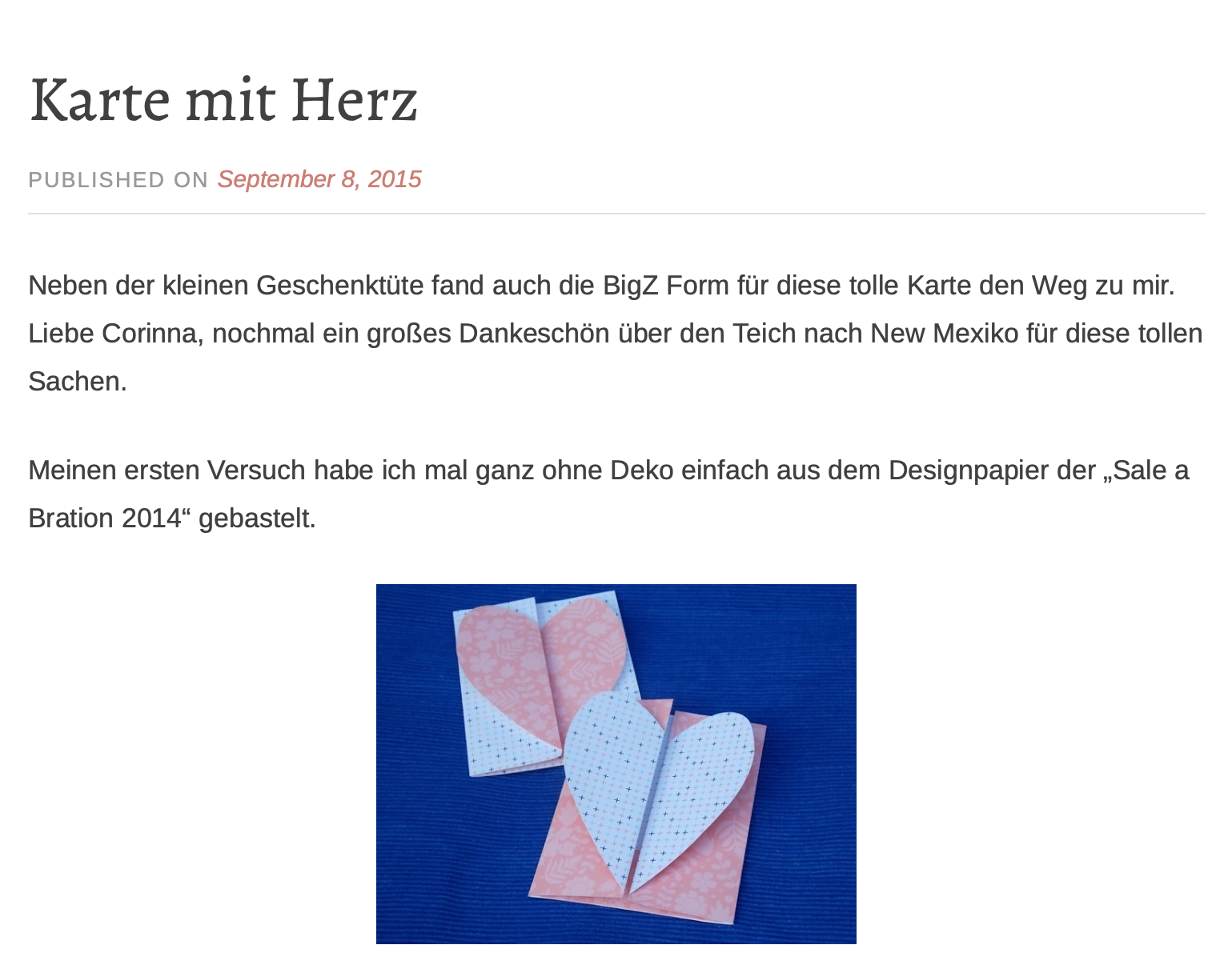 Screenshot vom Beitrag am 8. September 2015 mit einer Herz Karte