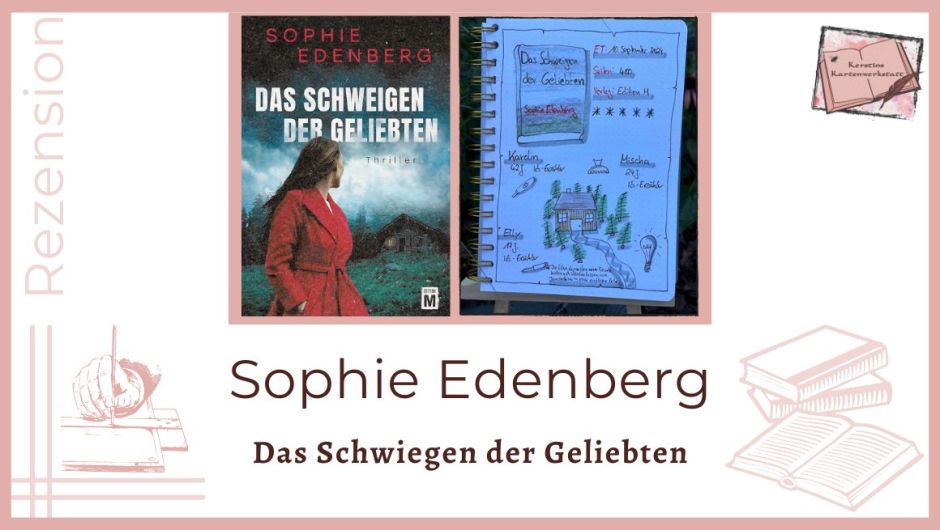 Zu sehen sind das Cover und Sketchnotes im Lesetagebuch zum Thriller: Das Schweigen der Geliebten von Sophie Edenberg erschienen bei Edition M gezeichnet ist eine Holzhütte umgeben von Bäumen mit einer kleinen Zufahrt