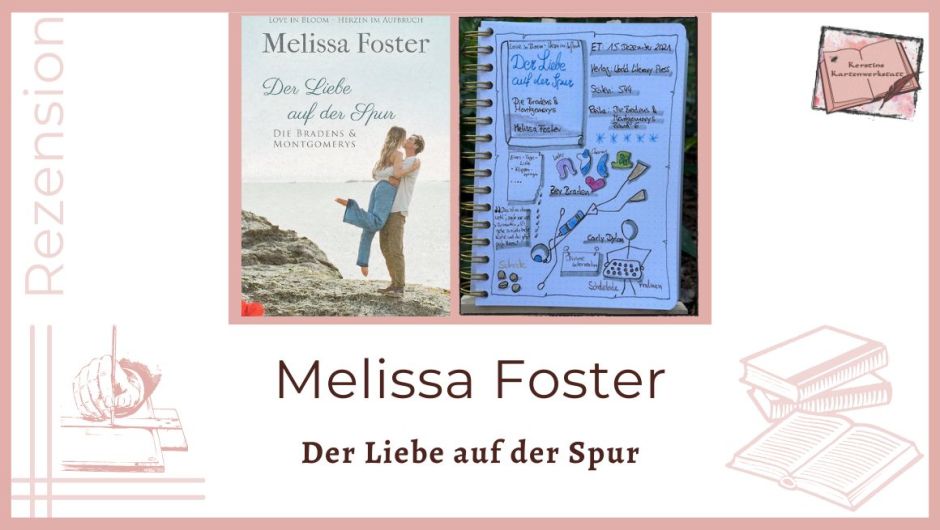 Zu sehen ist das Cover und die Seite vom Lesetagebuch mit Sketchnotes zur Rezension vom Liebesroman: Der Liebe auf der Spur von Melissa Foster Gezeichnet sind unter anderem zwei Strichmännchen ein Taucher und einer mit einem Tablett Keksen in der Hand und eine Auswahl an Lucky Charms