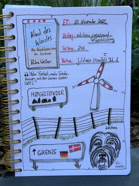 Zu sehen ist das Lesetagebuch zur Rezension vom Hundekrimi: Kind des Windes von Elke Weiler Gezeichnet ist unter anderem der Kopf eines Bearded Collies, ein Windrad und das Ortsschild von Mogeltonder