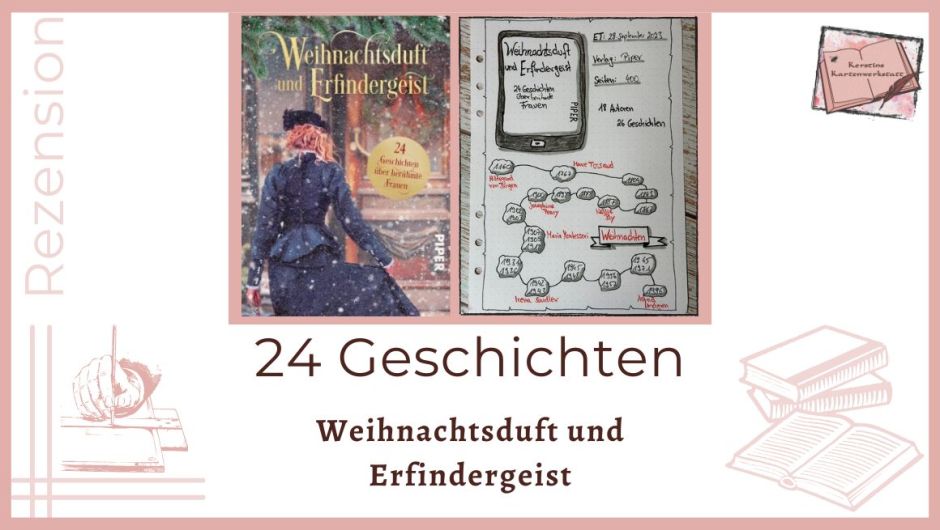 Beitragsbild mit Cover und Sketchnotes zur Rezension vom Adventskalender Buch: Weihnachtsduft und Erfindergeist. 24 Geschichten über berühmte Frauen Ein Adventskalender zum Wegträumen von Laura Baldini; Eva-Maria Bast; Sina Beerwald; Ulrike Fuchs; Eva Grübl; Petra Hucke; Agnes Imhof; Elisa Jakob; Lea Kampe; Regine Kölpin; Kristina Lüding; Verena Maatman; Anna-Luise Melle; Jørn Precht; Romy Seidel; Bettina Storks; Weinberg Juliana; Yvonne Winkler aus dem Piper Verlag