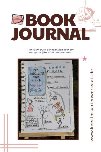 Zu sehen ist ein Foto vom Lesetagebuch mit Sketchnotes zum Hörbuch: Der Bademeister ohne Himmel von Petra Pellini erschienen im Argon Verlag. Eingelesen von Marie-Isabel Walke. Gezeichnet sin unter anderem Strichmännchen, Schwimmflügel und ein Rettungsring