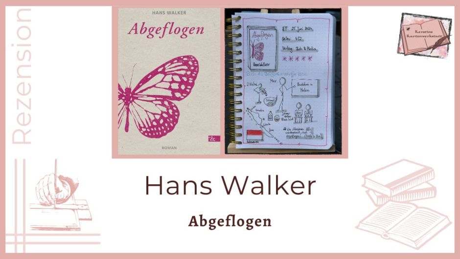 Zu sehen ist das Cover und Lesetagebuch mit Sketchnotes zur Rezension vom Roman: Abgeflogen von Hans Walker erschien im Buch und Media Verlag