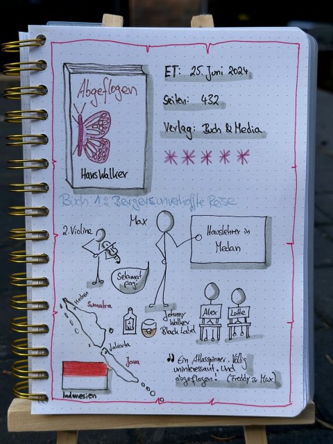 Zu sehen ist das Lesetagebuch mit Sketchnotes zur Rezension vom Roman: Abgeflogen von Hans Walker erschien im Buch und Media Verlag