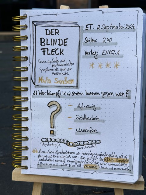 Zu sehen ist das Lesetagebuch mit Sketchnotes zur Rezension vom Ratgeber: Der blinde Fleck: Unsere psychischen und psychosomatischen Symptome als stärkste Verbündete von Maria Sanchez aus dem Envela Verlag